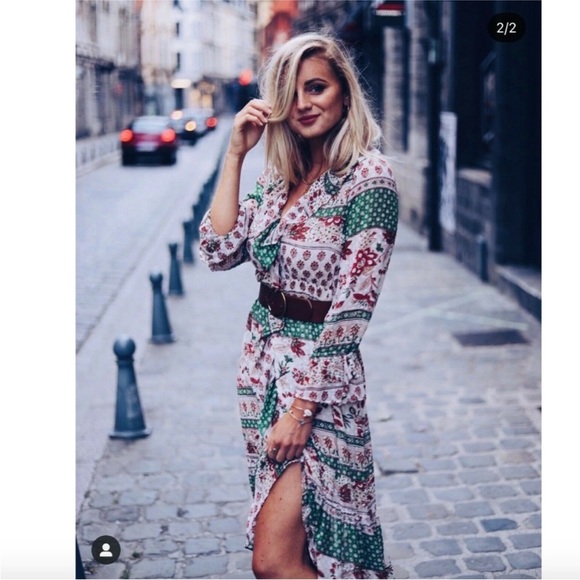 ZARA Ruffle Frills Floral Print Dress V-neck Midi Size S Green Blogger Favorite - Picture 7 of 16